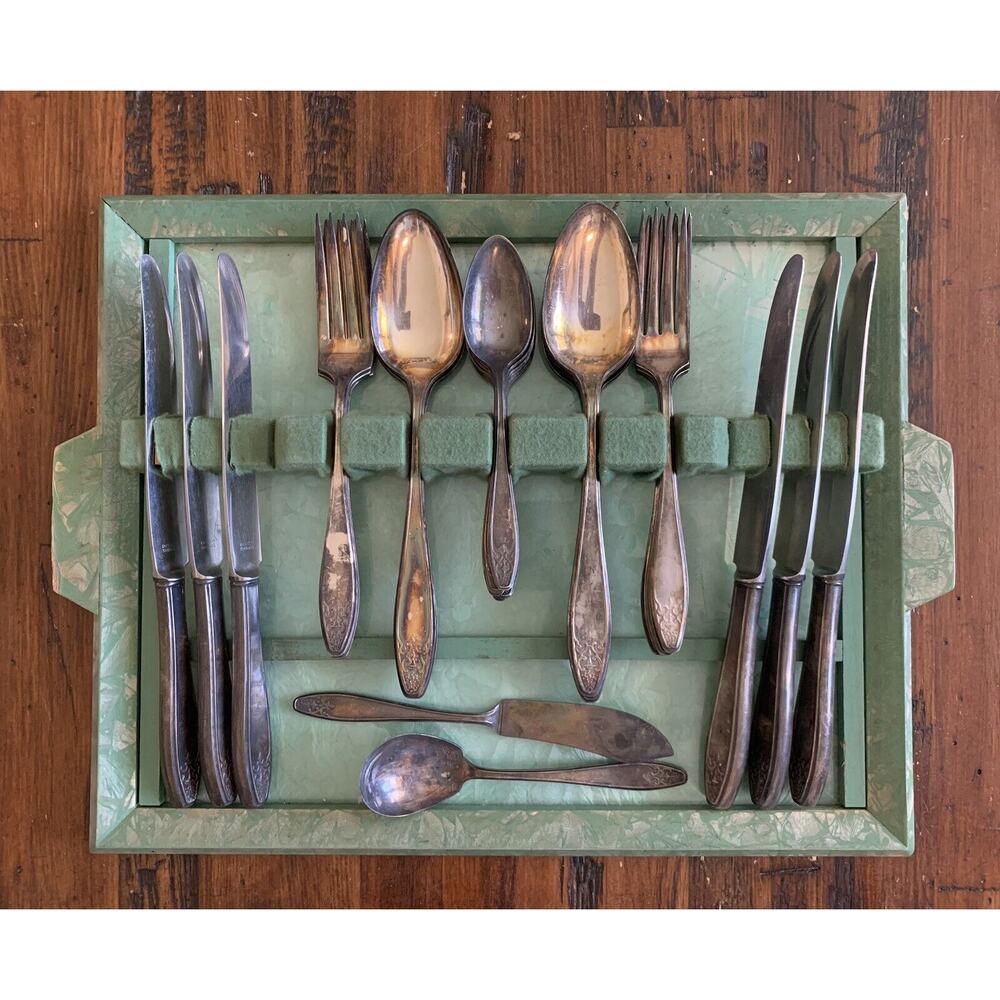 Vtg Lady Doris Princess Silverplate Flatware 26 Piece Set + Marbled Green Tray
